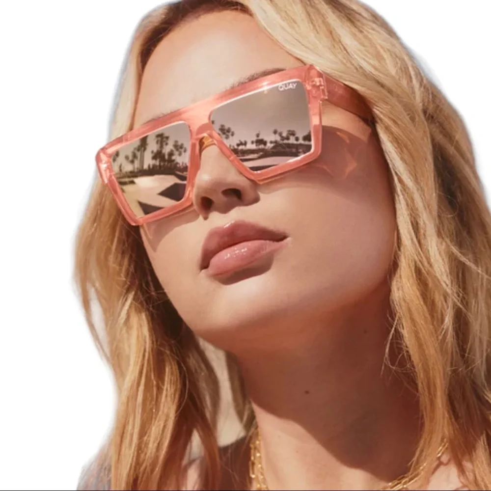 QUAY Base Line Sunglasses Blush Flat Brow Frame Champagne Mirror Lens NWT